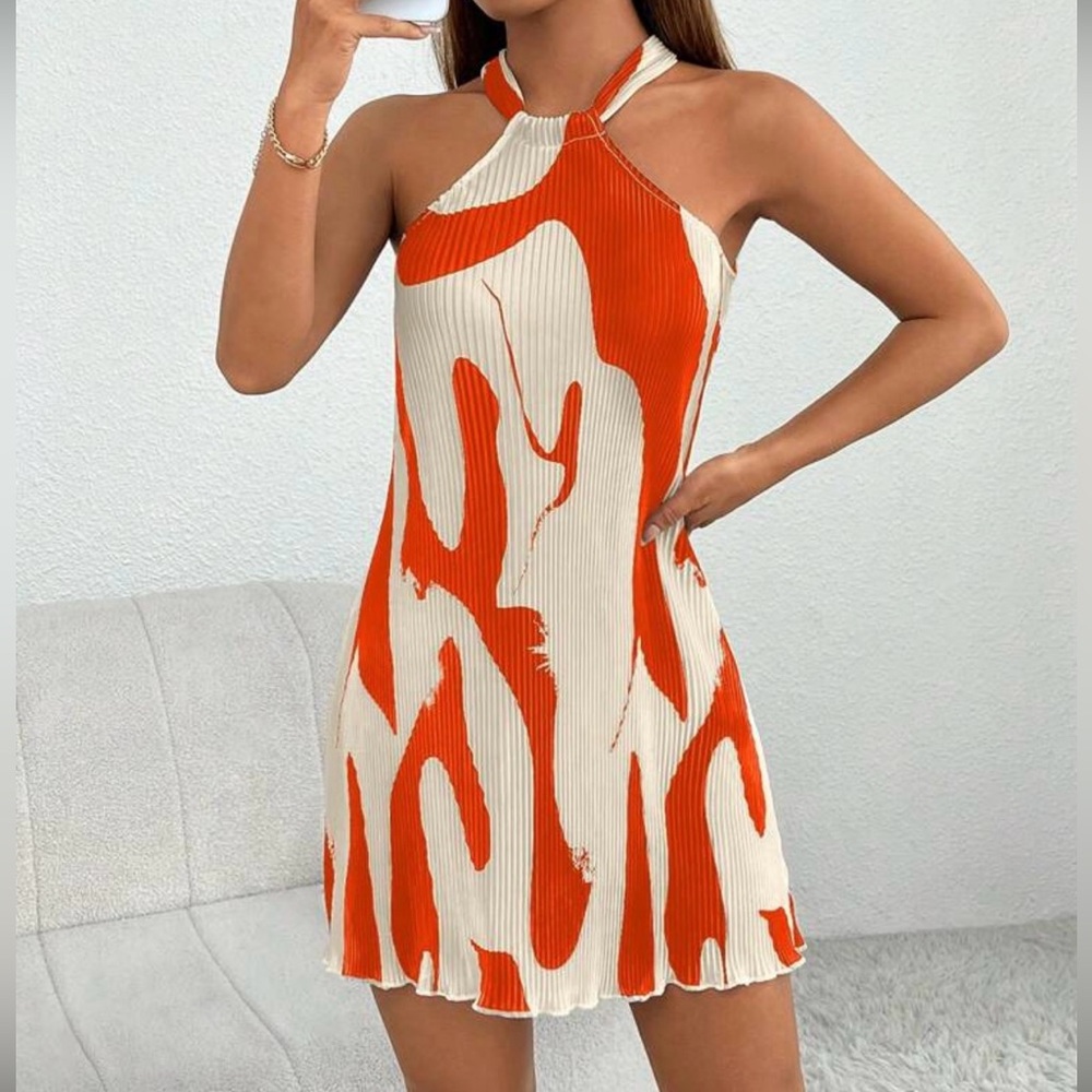 Stylish Orange and Cream Halter Dress